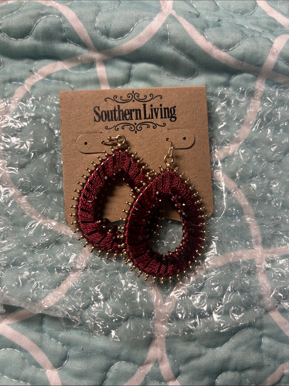 Southern Living Burgundy and Gold Teardrop Wrapped Earrings